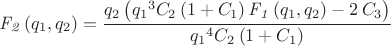 $$
{\it F_2} \left( q_{{1}},q_{{2}} \right) ={\frac {q_{{2}} \left( {q_{{1
}}}^{3}C_{{2}} \left( 1+C_{{1}} \right) {\it F_1} \left( q_{{1}},q_{{2}
} \right) -2\,C_{{3}} \right) }{{q_{{1}}}^{4}C_{{2}} \left( 1+C_{{1}}
 \right) }}
$$