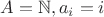 $A = \mathbb{N}, a_i = i$