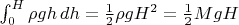 $\int_0^H \rho g h\, dh=\frac{1}{2}\rho gH^2=\frac{1}{2}MgH$