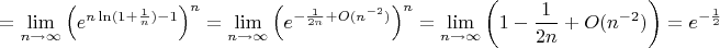 $$=\lim\limits_{n\to\infty}\left(e^{n\ln(1+\frac1n)-1}\right)^n=\lim\limits_{n\to\infty}\left(e^{-\frac1{2n}+O(n^{-2})}\right)^n=\lim\limits_{n\to\infty}\left(1-\frac1{2n}+O(n^{-2})\right)=e^{-\frac12}$$