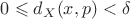 $0\leqslant d_X(x,p)<\delta$