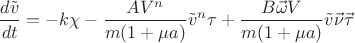$$\frac{d\tilde{v}}{dt} = -k\chi - \frac{AV^{n}}{m(1+\mu a)}\tilde{v}^{n}\tau + \frac{B\vec{\omega}V}{m(1+\mu a)}\tilde{v}\vec{\nu}\vec{\tau}$$