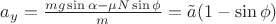 $a_y=\frac{mg\sin\alpha-\mu N\sin\phi}{m}=\tilde a(1-\sin\phi)$