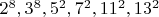 $2^8, 3^8, 5^2, 7^2, 11^2, 13^2$