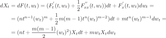$$\aligned
dX_t&=dF(t,w_t)=(F_t^{'}(t,w_t)+\frac{1}{2}F_{xx}^{''}(t,w_t))dt+F_x^{'}(t,w_t)dw_t=\\
&=(nt^{n-1}(w_t)^m+\frac{1}{2}m(m-1)t^n(w_t)^{m-2})dt+mt^n(w_t)^{m-1}dw_t=\\
&=(nt+\frac{m(m-1)}{2}(w_t)^2)X_tdt+mw_tX_tdw_t \endaligned$$