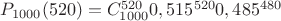 $P_{1000}(520)=C_{1000}^{520}0,515^{520}0,485^{480}$