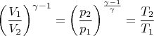 $$\left(\frac {V_1} {V_2}\right)^{\gamma-1} = \left(\frac {p_2} {p_1}\right)^\frac{\gamma-1}\gamma = \frac {T_2}{T_1}$$
