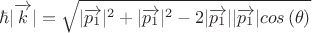 $$\hbar |\overrightarrow{k}|=\sqrt{|\overrightarrow{p_1}|^2+|\overrightarrow{p_1}|^2-2|\overrightarrow{p_1}||\overrightarrow{p_1}|cos \left(\theta \right)}$$