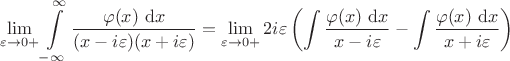 $$
\lim \limits_{\varepsilon \to 0+} \int \limits_{-\infty}^\infty \frac{\varphi(x) \ \mathrm dx }{(x - i \varepsilon)(x + i \varepsilon)} = \lim \limits_{\varepsilon \to 0+} 2 i \varepsilon \left(\int \frac{\varphi(x) \ \mathrm dx}{x - i \varepsilon} - \int \frac{\varphi(x) \ \mathrm dx}{x + i \varepsilon}\right)
$$