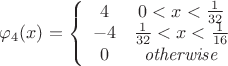 $\varphi_{4}(x) = \left\{\begin{array}{cc}
4 & 0<x<\frac{1}{32} 
\\
 -4 & \frac{1}{32}<x<  \frac{1}{16}
\\
 0 & \mathit{otherwise} 
\end{array}\right.
$