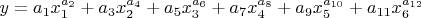 $y=a_{1}x_{1}^{a_{2}}+a_{3}x_{2}^{a_{4}}+a_{5}x_{3}^{a_{6}}+a_{7}x_{4}^{a_{8}}+a_{9}x_{5}^{a_{10}}+a_{11}x_{6}^{a_{12}}$