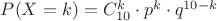 $P(X = k)=C_{10}^k \cdot p^k \cdot q^{10-k}$