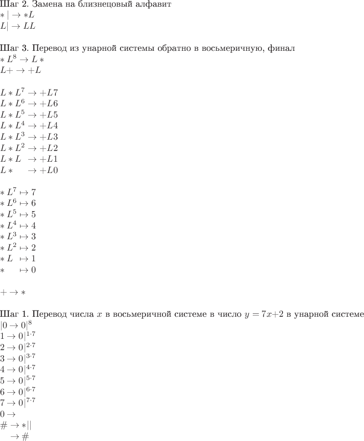 $\\
\mbox{Шаг 2. Замена на близнецовый алфавит} \\
\ast| \to \ast L \\
L| \to LL \\
\\
\mbox{Шаг 3. Перевод из унарной системы обратно в восьмеричную, финал} \\
\ast L^8 \to L \ast \\
L+ \to +L \\
\\
L\ast L^7 \to +L 7 \\
L\ast L^6 \to +L 6 \\
L\ast L^5 \to +L 5 \\
L\ast L^4 \to +L 4 \\
L\ast L^3 \to +L 3 \\
L\ast L^2 \to +L 2 \\
L\ast L\phantom{^1} \to +L 1 \\
L\ast \phantom{L^0} \to +L 0 \\
\\
\ast L^7 \mapsto 7 \\
\ast L^6 \mapsto 6 \\
\ast L^5 \mapsto 5 \\
\ast L^4 \mapsto 4 \\
\ast L^3 \mapsto 3 \\
\ast L^2 \mapsto 2 \\
\ast L\phantom{^1} \mapsto 1 \\
\ast \phantom{L^0} \mapsto 0 \\
\\
+ \to \ast \\
\\
\mbox{Шаг 1. Перевод числа } x \mbox{ в восьмеричной системе в число } y = 7x+2 \mbox{ в унарной системе} \\
|0 \to 0|^8 \\
1 \to 0|^{1 \cdot 7} \\
2 \to 0|^{2 \cdot 7} \\
3 \to 0|^{3 \cdot 7} \\
4 \to 0|^{4 \cdot 7} \\
5 \to 0|^{5 \cdot 7} \\
6 \to 0|^{6 \cdot 7} \\
7 \to 0|^{7 \cdot 7} \\
0 \to \\
\# \to \ast|| \\
\phantom{\#} \rightarrow \#
$