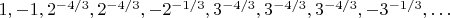$1, -1, 2^{-4/3}, 2^{-4/3},-2^{-1/3}, 3^{-4/3}, 3^{-4/3}, 3^{-4/3}, -3^{-1/3},&hellip;$