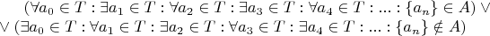 $(\forall a_0 \in T :\exists a_1 \in T :\forall a_2 \in T :\exists a_3 \in T :\forall a_4 \in T : ... : \{a_n\} \in A) \vee \\ \vee (\exists a_0 \in T :\forall a_1 \in T :\exists a_2 \in T :\forall a_3 \in T :\exists a_4 \in T : ... : \{a_n\} \notin A)$