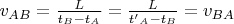 $v_{AB}=\frac L{t_B-t_A}=\frac L{{t'}_A-t_B}=v_{BA}$