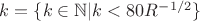 $k=\{ k \in \mathbb{N} | k<80R^{-1/2} \}$