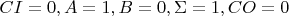 $CI = 0, A=1, B=0, \Sigma=1, CO = 0$