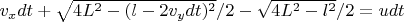 $v_x dt+\sqrt{4L^2-(l-2v_y dt)^2}/2-\sqrt{4L^2-l^2}/2=u dt$