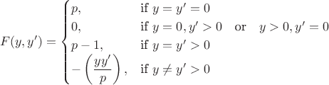 $$F(y, y') =
\begin{cases}
p, & \text{if }y=y'=0 \\
0, & \text{if }y=0, y'>0 \quad \text{or} \quad y>0, y'=0 \\
p-1, & \text{if }y=y'>0 \\
-\left(\dfrac{yy'}{p}\right) , & \text{if }y\neq y'>0 
\end{cases}$$