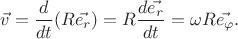 $$\vec{v}=\frac{d}{dt}(R\vec{e_r})=R\frac{d\vec{e_r}}{dt}=\omega R\vec{e_{\varphi}}.$$