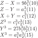 $\begin{array}{l}
Z - X = 9b_1^3 (10) \\
Z - Y = a_1^3 (11) \\
X + Y = c_1^3 (12) \\
Z^3 = c_1^3 c_2^3 (13) \\
Y^3 = 27b_1^3 b_2^3 (14) \\
X^3 = a_1^3 a_2^3 (15) \\
\end{array}
$ $\begin{array}{l}
Z - X = 9b_1^3 (10) \\
Z - Y = a_1^3 (11) \\
X + Y = c_1^3 (12) \\
Z^3 = c_1^3 c_2^3 (13) \\
Y^3 = 27b_1^3 b_2^3 (14) \\
X^3 = a_1^3 a_2^3 (15) \\
\end{array}
$
