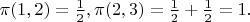 $\pi(1,2)=\frac 12, \pi(2,3)=\frac 12 +\frac 12 =1.$