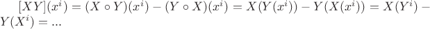 $\[
[XY](x^i ) = (X \circ Y)(x^i ) - (Y \circ X)(x^i ) = X(Y(x^i )) - Y(X(x^i )) = X(Y^i ) - Y(X^i ) = ...
\]
$