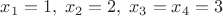 $ x_1=1,\; x_2=2, \; x_3=x_4=3$