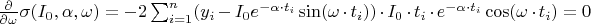 $\frac{\partial}{\partial \omega}\sigma(I_{0},\alpha,\omega)=-2\sum_{i=1}^{n}(y_{i}-I_{0}e^{-\alpha \cdot t_{i}}\sin (\omega\cdot t_{i}))\cdot I_{0}\cdot t_{i}\cdot e^{-\alpha \cdot t_{i}}\cos (\omega\cdot t_{i})=0$