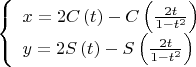 $
\[
\left\{ \begin{array}{l}
x = 2C\left( t \right) - C\left( {\frac{{2t}}{{1 - t^2 }}} \right) \\ 
y = 2S\left( t \right) - S\left( {\frac{{2t}}{{1 - t^2 }}} \right) \\ 
\end{array} \right.
\]$