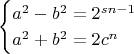 $$\begin{cases} a^2-b^2=2^{sn-1} \\ a^2+b^2=2c^n \end{cases}$$