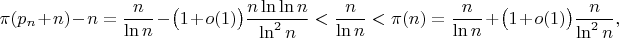 $$\pi(p_n+n)-n=\frac{n}{\ln n}-\bigl(1+o(1)\bigr)\frac{n\ln\ln n}{\ln^2n}<\frac{n}{\ln n}<\pi(n)=\frac{n}{\ln n}+\bigl(1+o(1)\bigr)\frac{n}{\ln^2n},$$