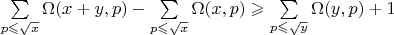 $\sum\limits_{p\leqslant \sqrt{x}} \Omega(x+y,p)- \sum\limits_{p\leqslant \sqrt{x}} \Omega(x,p)\geqslant \sum\limits_{p\leqslant \sqrt{y}} \Omega(y,p)+1$