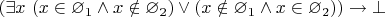 $(\exists x~(x \in \varnothing_1 \land x \notin \varnothing_2) \lor (x \notin \varnothing_1 \land x \in \varnothing_2)) \to \bot$