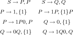 $$S\rightarrow P,P \qquad S\rightarrow Q,Q$$ $$P\rightarrow 1,\{1\} \qquad P\rightarrow 1P,\{1\}P$$
$$P\rightarrow 1P0,P \qquad Q\rightarrow 0,\{1\}$$
$$Q\rightarrow 0Q,\{1\} \qquad Q\rightarrow 1Q0,Q$$