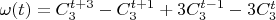 \omega(t) = C^{t+3}_3 - C^{t+1}_3 + 3C^{t-1}_3 - 3C^{t}_3