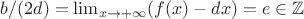 $b/(2d)=\lim_{x\to+\infty}(f(x)-dx)=e\in\mathbb Z$