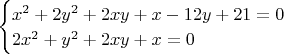 $\begin{cases}x^2 + 2y^2 + 2xy + x - 12y + 21 = 0 \\ 2x^2 + y^2 + 2xy + x = 0 \end{cases}$