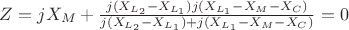 $Z=jX_M+\frac{j(X_{L_2}-X_{L_1})j(X_{L_1}-X_M-X_C)}{j(X_{L_2}-X_{L_1})+j(X_{L_1}-X_M-X_C)}}=0$