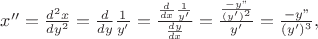 $x''=\frac {d^2 x}{dy^2} = \frac {d}{dy}\frac {1}{y'} =\frac {\frac {d}{dx}\frac {1}{y'}}{\frac{dy}{dx}} = \frac{\frac{-y