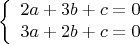 $$\left\{
\begin{array}{rcl}
 2a+3b+c=0 \\
 3a+2b+c=0 \\
\end{array}
\right.$$