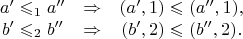 $$\begin{array}{ccc}a'\leqslant_1 a''& \Rightarrow &(a',1)\leqslant(a'',1), \\
b'\leqslant_2 b'' &\Rightarrow &(b',2)\leqslant(b'',2).\end{array}$$