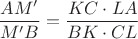 $$\frac{AM'}{M'B}=\frac{KC\cdot LA}{BK\cdot CL}$$