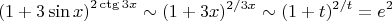 $$\left(1+3\sin x\right)^{2\ctg 3x}\sim(1+3x)^{2/3x}\sim(1+t)^{2/t}=e^2$$