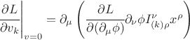 $\left. \cfrac{\partial L}{\partial v_k} \right|_{v=0}=\partial_\mu \left( \cfrac{\partial L}{\partial (\partial_\mu \phi)} \partial_\nu \phi I^\nu_{(k) \rho} x^\rho \right)$