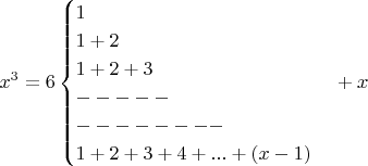 $$x^3=6\begin{cases}1\\1+2\\1+2+3\\-----\\--------\\1+2+3+4+...+(x-1)\end{cases}+x$$