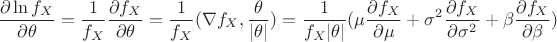 $$\frac{\partial \ln f_X}{\partial \theta}=\frac{1}{f_X}\frac{\partial f_X}{\partial \theta}=\frac{1}{f_X}(\nabla f_X,\frac{\theta}{|\theta |})=\frac{1}{f_X|\theta |}(\mu\frac{\partial f_X}{\partial \mu}+\sigma ^2\frac{\partial f_X}{\partial \sigma ^2}+\beta\frac{\partial f_X}{\partial \beta})$$