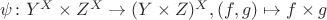 $\psi\colon Y^X\times Z^X\to (Y\times Z)^X, (f,g)\mapsto f\times g$