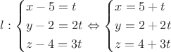 \[
l:\left\{ \begin{gathered}
  x - 5 = t \hfill \\
  y - 2 = 2t \hfill \\
  z - 4 = 3t \hfill \\ 
\end{gathered}  \right. \Leftrightarrow \left\{ \begin{gathered}
  x = 5 + t \hfill \\
  y = 2 + 2t \hfill \\
  z = 4 + 3t \hfill \\ 
\end{gathered}  \right.
\]